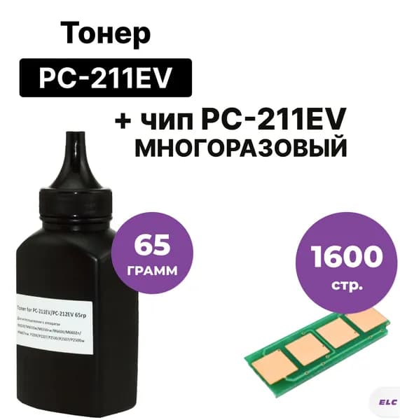 Комплект тонер+чип (PC-211EV) для Pantum P2200/2500W/M6500/M6600 банка 65г+многоразовый чип ELC