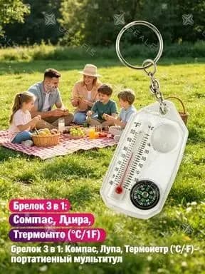 Брелок 3 в 1: Компас, Лупа, Термометр (C/F) - портативный мультитул для туризма, походов, активного отдыха