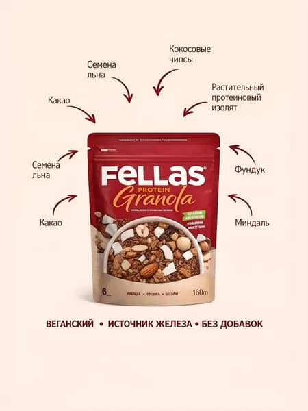 Протеиновая гранола FELLAS с кокосом и какао (270 г) - FELLAS Protein Granola - Coconut & Cocoa (270 g)