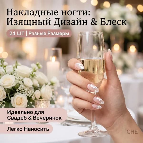 Накладные ногти короткие миндалевидные белые с цветами и блёстками 24 шт