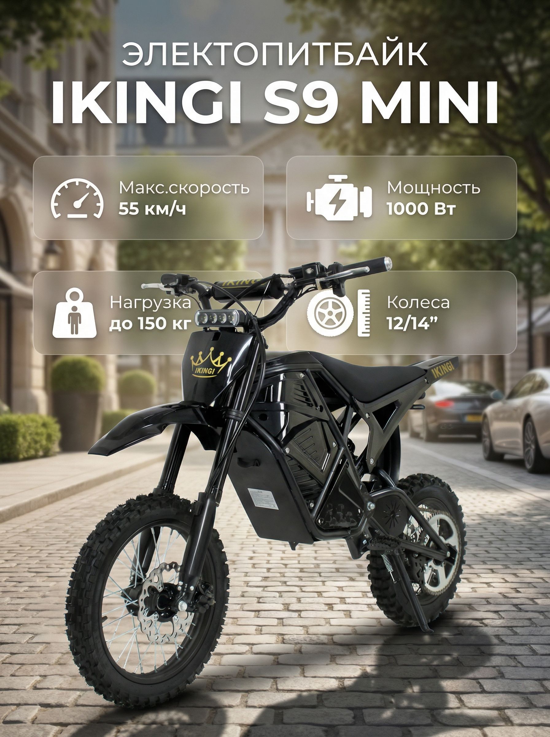 Электопитбайк (электромопед) Ikingi S9 Mini 1000W 48V/25Ah