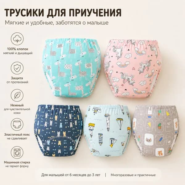 Тренировочные трусики для приучения к горшку, хлопковые, многоразовые, 1 шт.