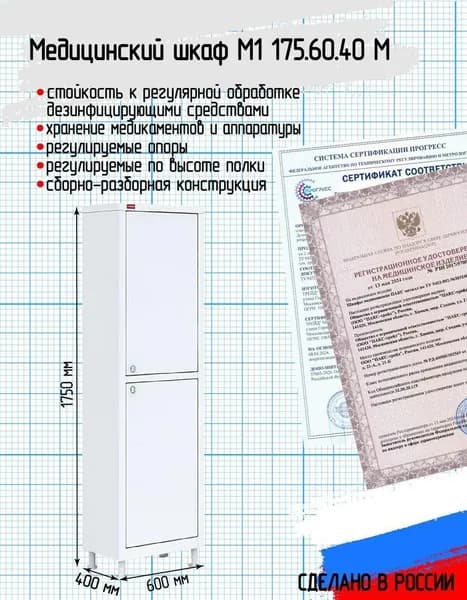 Металлический медицинский шкаф М1 175.60.40 М 600*400*1750