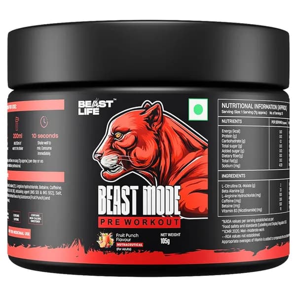 Beastlife предтренировочный комплекс, 105 г, фруктово-апельсиновый вкус, повышает пульс и энергию, ускоряет восстановление, 2000 мг цитруллина, 2500 мг бета-аланина, 200 мг кофеина, набор 2 шт, 500 мг