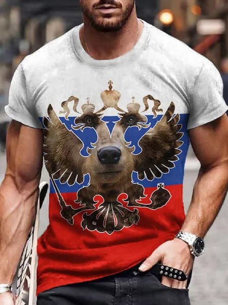 Футболка Мужская футболка с медведем в гербе России, триколор, двуглавый орёл, реалистичный принт, приталенный крой, патриотический образ 1 шт
