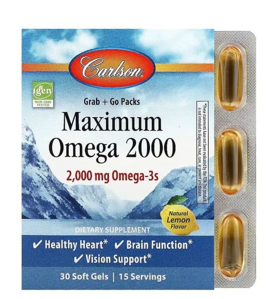 Maximum Omega 2000, омега с натуральным лимонным вкусом,Carlson, 2000 мг, 30 капсул (1000 мг в 1 капсуле)
