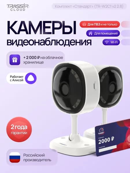 Камера видеонаблюдения wifi для дома TRASSIR TR-W2C1, комплект видеонаблюдения 2 камеры + Облако 2000