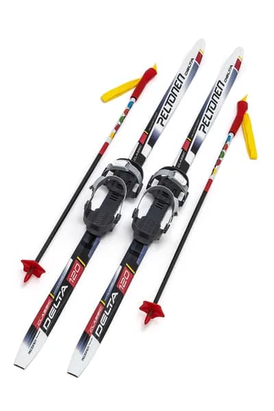 Лыжный комплект 120 см с палками 85 см и универсальным креплением SNOWMATIC K3 KIDS SOFT Peltonen Delta red