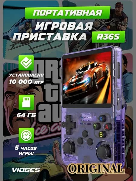 Портативная игровая приставка Vidges R36S для игр PSP, PS1, DreamCast, N64, NDS, NES 64 GB