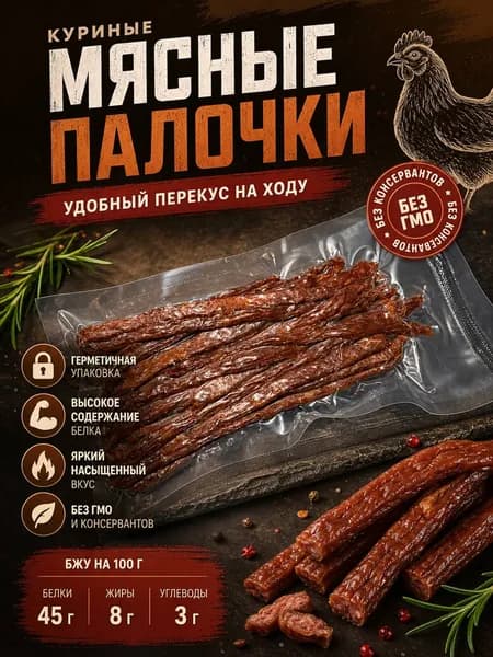 Мясные сыровяленые палочки из курицы, снеки, 250 гр.