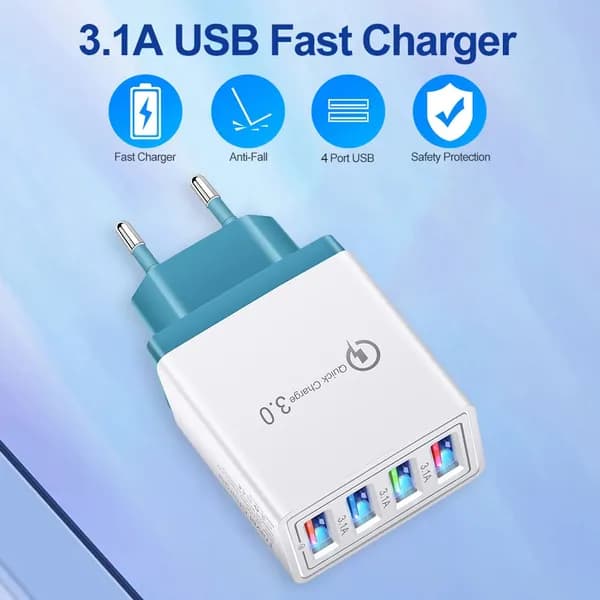 4-портовый USB-зарядное устройство с LED-подсветкой, европейский стандарт, цвет небесно-голубой