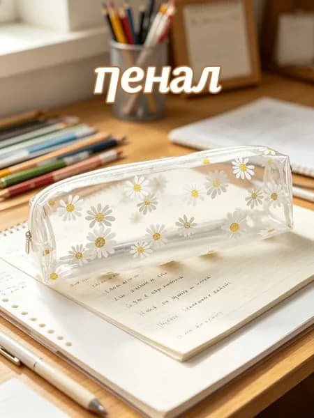 Пенал прозрачный, с ромашками, кавайный, конфетных цветов, для школы и канцелярии, 1 шт