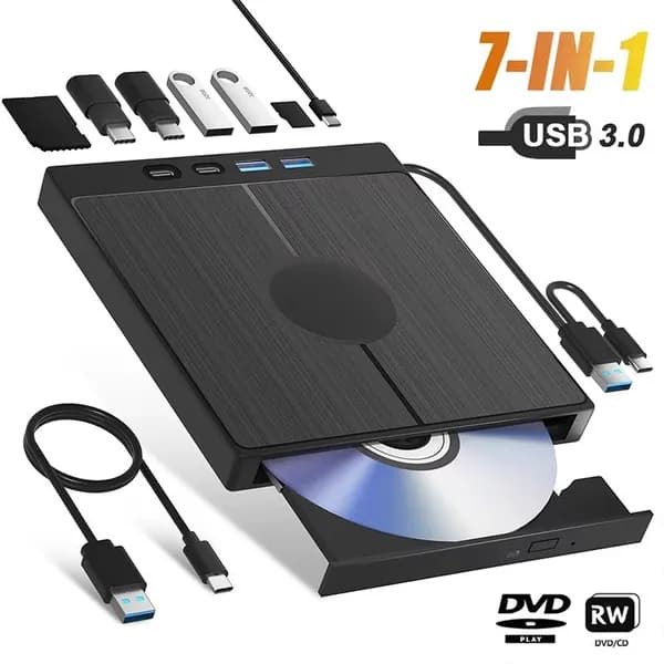 7-в-1 Внешний DVD/CD привод USB 3.0/Type-C - дисковод с кардридером и USB-портами для чтения/записи дисков