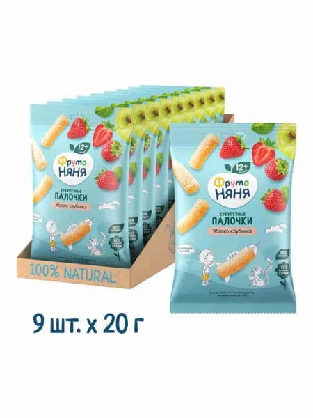 Кукурузные палочки детские ФрутоНяня яблоко, клубника, с 1 года, 20 г х 9 шт
