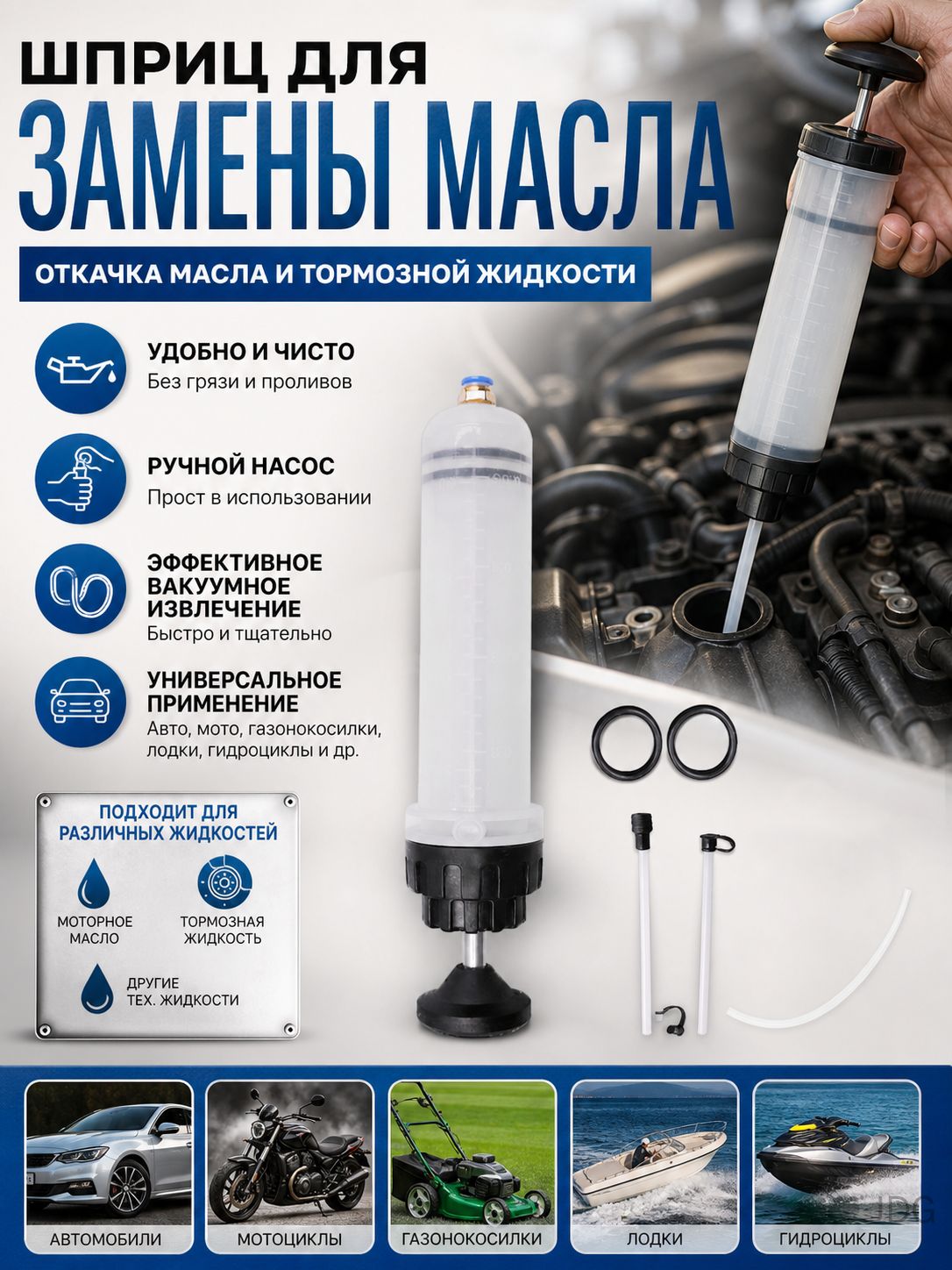 Шприц для замены масла автомобильный для откачки моторного масла и тормозной жидкости