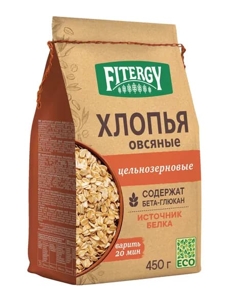 Хлопья овсяные цельнозерновые Fitergy из фермерского зерна, 450 г