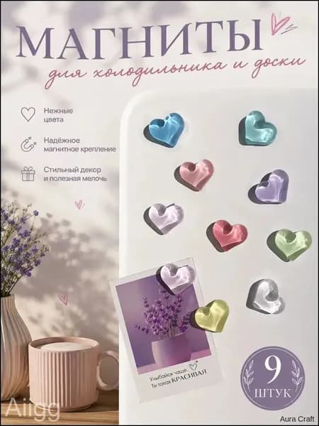 доска для заметок;Набор разноцветных прозрачных магнитов сердечки, 9 шт