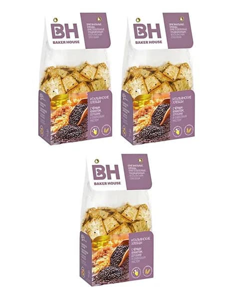 Итальянские хлебцы Baker House с чёрным кунжутом, отрубями и оливковым маслом, 3 уп по 250 гр