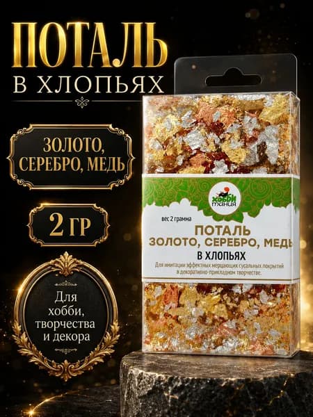 Поталь в хлопьях, золото/серебро/медь, 2 г