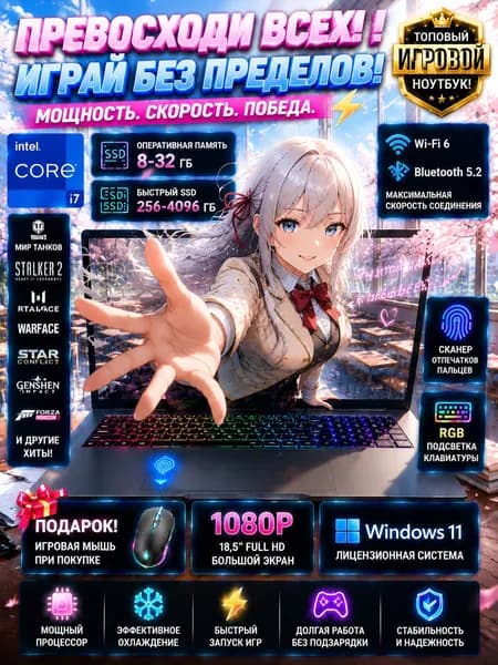 NICEBOOK i7 Игровой ноутбук 18.5", Intel Core i7-6700HQ, RAM 8 ГБ, SSD 512 ГБ, Intel HD Graphics 530, Windows Pro, серый металлик, Русская раскладка