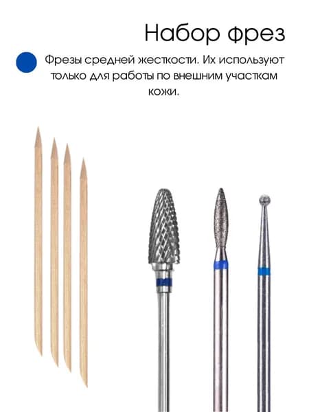Фрезы для маникюра, аппарата с синей насечкой (твердосплавная "кукуруза", "пламя", "шар") + подарок