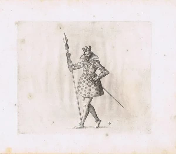 Рыцарь с копьем. Антикварная авторская гравюра (офорт). Германия, 1611 год