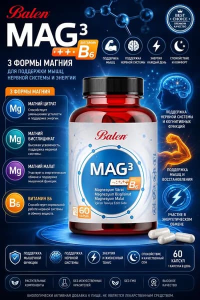 Balen MAG3 с витамином B6, комплекс магния, 60 капсул для поддержки нервной системы и мышц