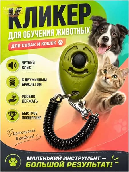 Кликер для дрессировки собак и кошек с браслетом и карабином, зеленый