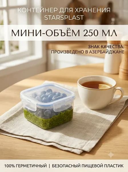 Контейнер квадратный 0,250 л.(клипсы)STARS PLAST