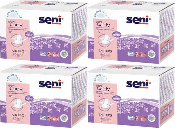 Прокладки Seni Lady Micro урологические 16 шт, комплект: 4 упаковки по 16 шт