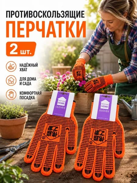 Рабочие перчатки оранжевые с ПВХ точками 2 штуки противоскользящие для сада и стройки