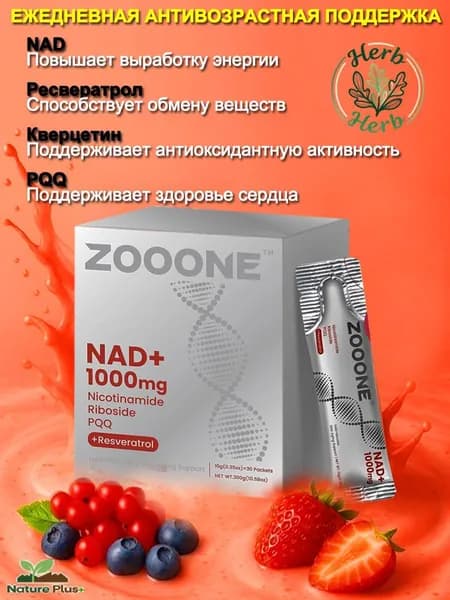 Zooone NAD+ 1000mg Усиленный комплекс: Никотинамид Рибо зид + Ресвератрол + PQQ для энергии, молодости и концентрации. Аналог NMN премиум, антивозрастной уход 30 шт