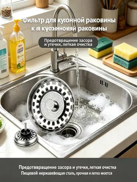Сетчатый фильтр для кухонной раковины из нержавеющей стали и заглушка для слива подходит для большинства моделей