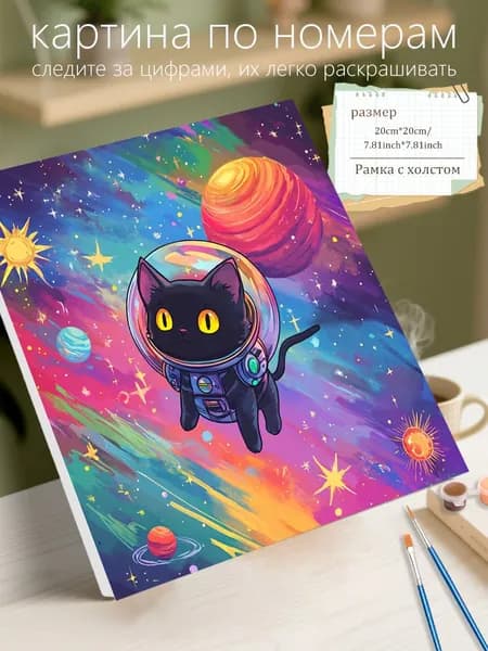 Нарисуйте цифровую картину "Космический черный кот" на подрамнике с размером холста 20х20см