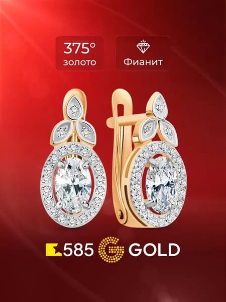 Серьги женские с фианитами из красного золота 375 пробы 585GOLD