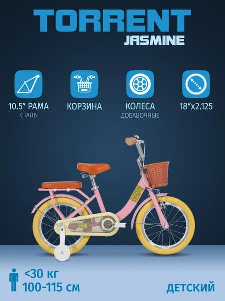 Детский велосипед TORRENT Jasmine (1 скорость, добавочные колеса, рама сталь, колеса 16", корзина)