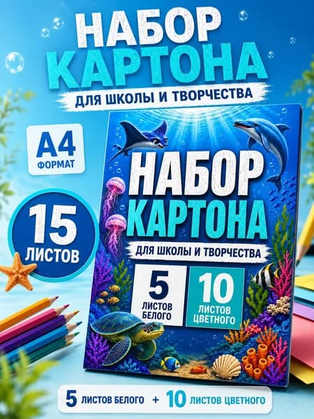 Набор цветного и белого картона А4 для школы и творчества,15 листов