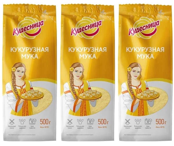 Кудесница мука кукурузная, придает блюдам необычный вкус, а ценные химические элементы оказывают положительное влияние на организм, 500 г. (3 шт.)
