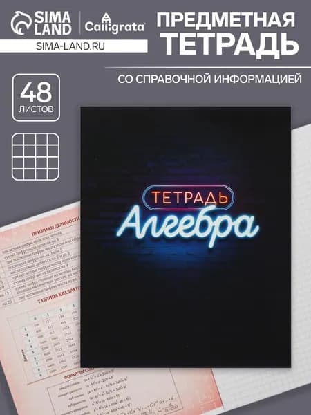 Тетрадь предметная 48 листов в клетку Calligrata, Неон. Алгебра , обложка мелованный картон