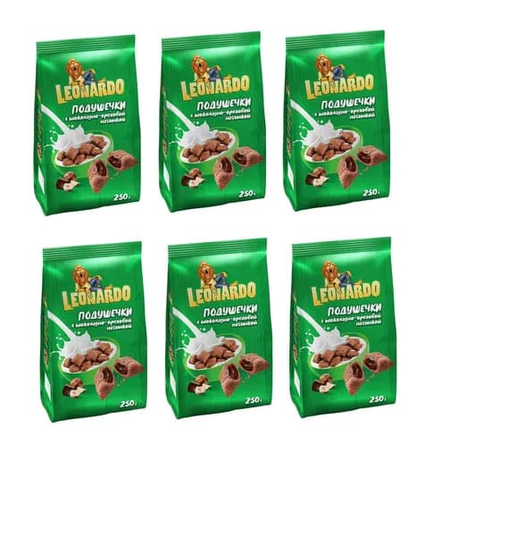 LEONARDO Завтрак готовый Подушечки с шоколадно-ореховой начинкой, 250 гр., 6 уп. /