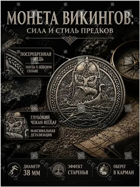 Монета сувенирная коллекционная Викинги, 38 мм посеребренная медь - старинный скандинавский талисман амулет с дракаром, винтажный металлический жетон для мужчин