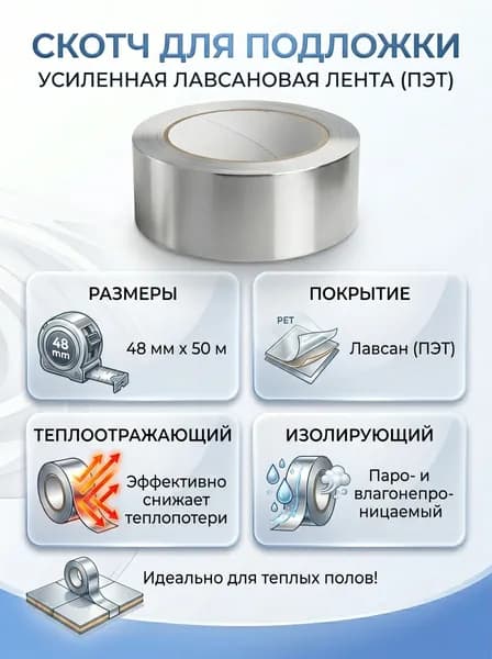 Скотч для склейки подложки, отражающий тепло, изолирующий 48Х50метров (лавсановое покрытие).