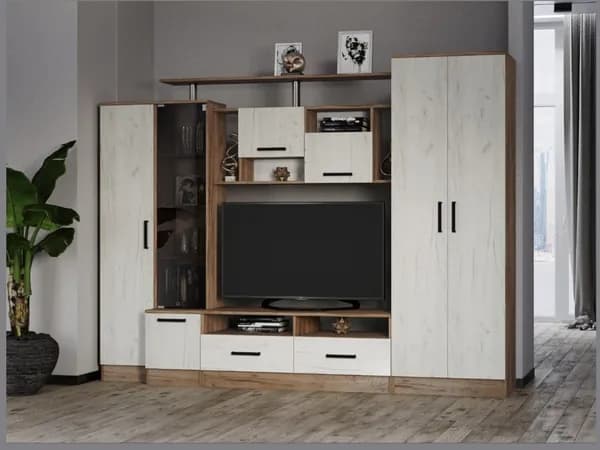 Гостиная МДМ, 250x45x192, крафт табачный/белый, роликовые направляющие