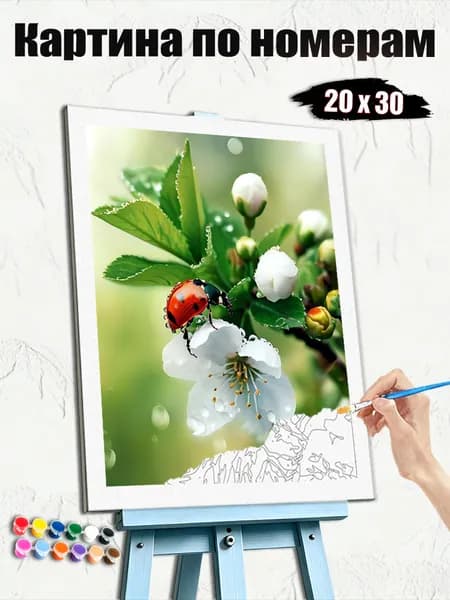 Картина по номерам 20x30 см, безрамочная, ручная роспись, оригинальный подарок, декор интерьера, Божья коровка садится на белый цветок.