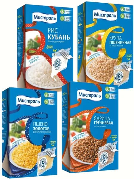 Мистраль: крупа пшеничная, гречка, рис Кубань, пшено Золотое - набор круп в пакетиках для варки, 400 г * 4 штуки