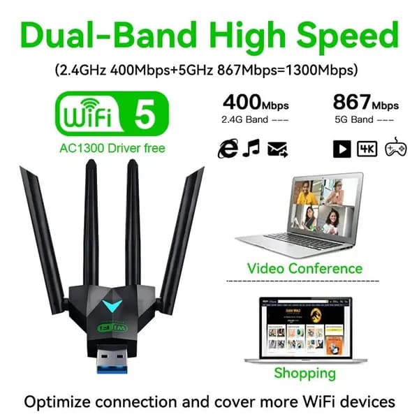 Двухдиапазонный WiFi-адаптер 1300 Мбит/с USB 3.0, 2.4/5 ГГц, 4 антенны, 802.11ac, без драйверов для ПК/ноутбука.