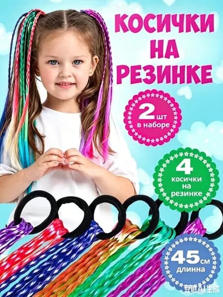 Канекалон на резинке с косички, детские цветные пряди для волос 45 см, набор 2 штуки разные цвета случайным образом, праздничный аксессуар