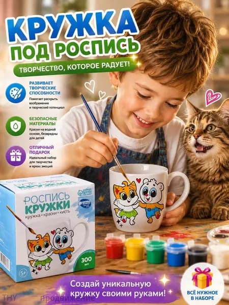 Кружка под роспись с красками и кисточкой "Лиса и медведь", набор для творчества для девочки
