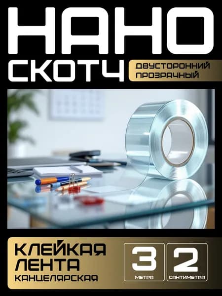 3m-2cm. НАНО ЛЕНТА прозрачная двусторонняя многоразовая водостойкая клейкая. Крепление без сверления картин, зеркал, часов, фото, полок, табличек, постеров, крючков. Сильная фиксация. Нано скотч