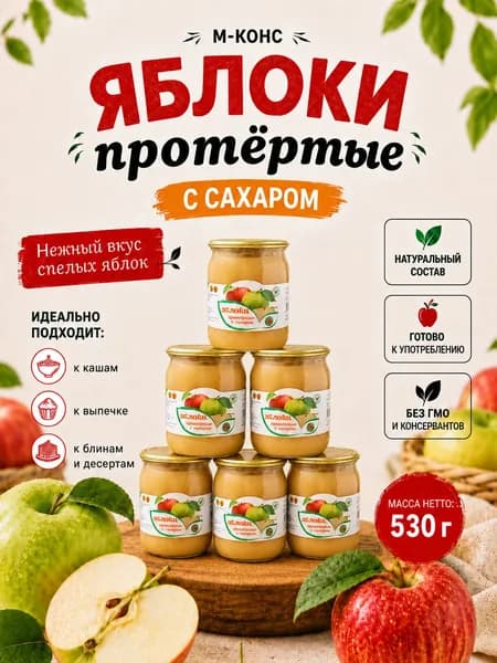 Яблоки Мичуринские протертые с сахаром, 6 шт. по 530 г